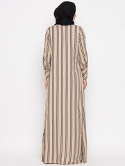 Beige Stripe Front Open Abaya for Women with Black Georgette Scarf