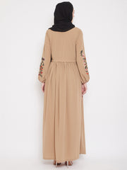 Beige Embroidery Work Abaya for Women with Black Georgette Scarf