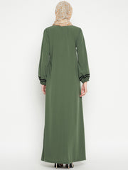 Jade Green A-Line Abaya for Women with Black Georgette Hijab