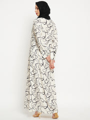 Printed Front Open Abaya for Women with Black Georgette Scarf