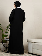 Front Open Embroidered Black Abaya for women with Scarf