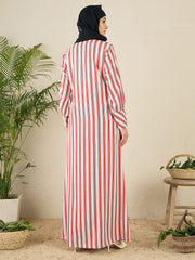 Front Open Striped Printed Abaya with Black Hijab