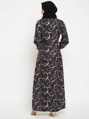 Printed Front Open Abaya with Black Georgette Scarf