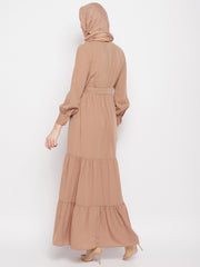 Frilled Beige Abaya/Burqa For Women With Belt and Black Hijab