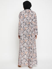 White Printed Front Open Shrug with Black Georgette Hijab