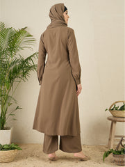 Front Open Khaki(Oat) Solid Co-Ord Set for Women