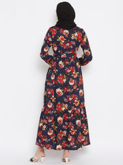 Floral Printed Frill Abaya Dress for Women with Black Georgette Scarf
