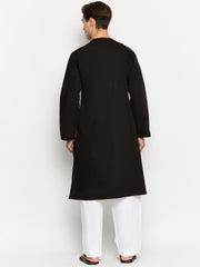 Black Solid Embroidery Details Mens Kurta