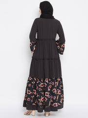 Floral Printed Frill Abaya Dress with Black Georgette Hijab