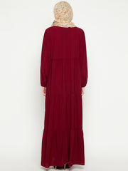 Women Frilled Maroon Abaya/Burqa With Black Hijab