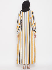 Yellow Stripe Front Open Abaya Burqa for Women with Black Georgette Hijab