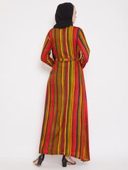 Multi Color Rayon Stripe Front Open Abaya for Women with Black Georgette Scarf