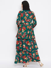 Floral Printed Crepe Frill Abaya Dress for Women with Black Georgette Hijab