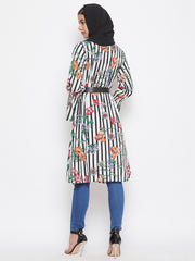 Printed Front Open Tunic Abaya for Women with Black Georgette Stole