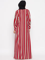 Red Stripe Front Open Abaya for Women with Black Georgette Scarf