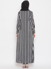 Black Stripe Front Open Abaya for Women with Black Georgette Scarf