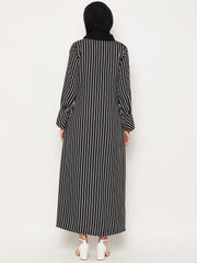 Front Open Black Stripe Abaya for Women with Black Georgette Scarf