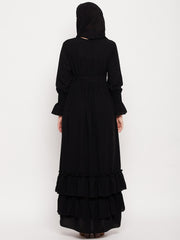 Women Black Frilled Abaya Burqa With Belt and Black Hijab