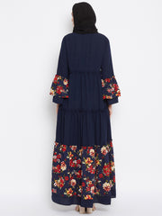Blue Floral Printed Abaya Dress with Black Georgette Hijab