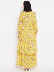 Floral Printed Frill Abaya Dress for Women with Black Georgette Hijab