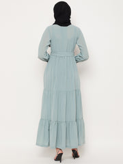 Frilled Sea Green Abaya/Burqa For Women With Belt and Black Hijab
