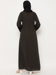 Olive Green Abaya for women with Black Georgette Scarf