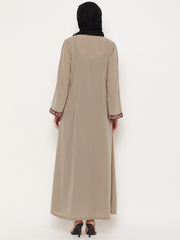 Beige Embroidery Work Front Open Abaya for Women with Black Georgette Scarf