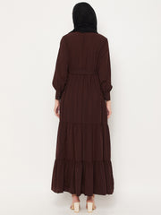 Frilled Brown Abaya/Burqa For Women With Belt and Black Hijab