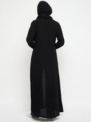 Front Open Zip Closure Black Abaya Dress with Black Georgette Hijab