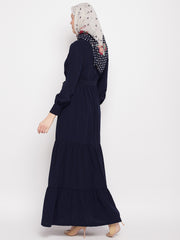 Frilled Blue Abaya/Burqa For Women With Belt and Black Hijab