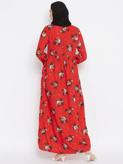 Red Floral Printed Abaya with Black Georgette Hijab