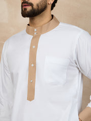 White Cotton Thobe for Men with Beige Piping