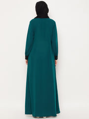 Women Green Front Open Abaya with Black Georgette Hijab