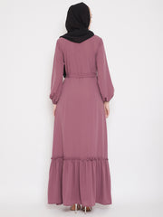 Puce Pink Frill Abaya for Women with Black Georgette Scarf
