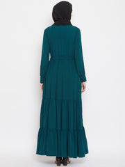 Frilled Bottle Green Abaya/Burqa For Women With Belt and Black Hijab