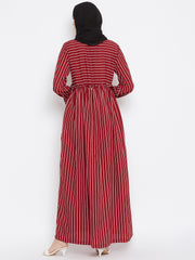 Maroon Stripe Abaya Dress with Black Georgette Hijab