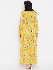 Yellow Floral Printed Abaya Dress for Women with Black Georgette Scarf
