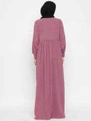 Front Open Puce Pink Abaya Dress with Black Georgette Hijab