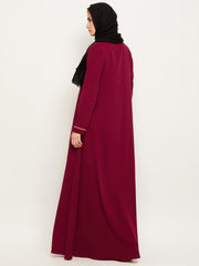 Maroon and Beige A-Line Abaya for Women with Black Georgette Hijab