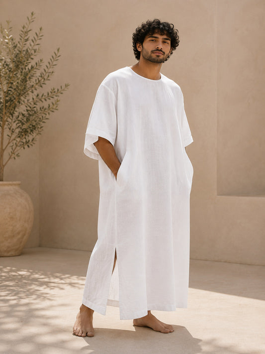 Men’s White Pure Linen Kaftan – Oversized Resort Wear