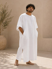 Men’s White Pure Linen Kaftan – Oversized Resort Wear