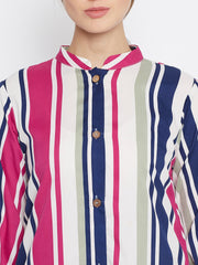 Pink Stripe Front Open Abaya for Women with Black Georgette Scarf