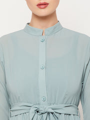 Frilled Sea Green Abaya/Burqa For Women With Belt and Black Hijab