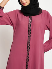 Front Open Embroidery Abaya/Burqa with Black Georgette Scarf
