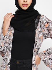 White Printed Front Open Shrug with Black Georgette Hijab