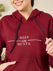 Modest Deen Over Dunya Maroon Fleece Winter Hoodie