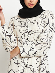 Printed Front Open Abaya for Women with Black Georgette Scarf