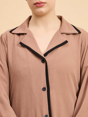 Front Open Modest Beige Coat-Style Abaya with Matching Hijab