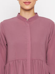 Front Open Puce Pink Abaya Dress with Black Georgette Hijab