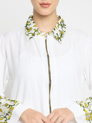 Front Zip Closure Rayon White Abaya for Umrah/Hajj with Black Hijab